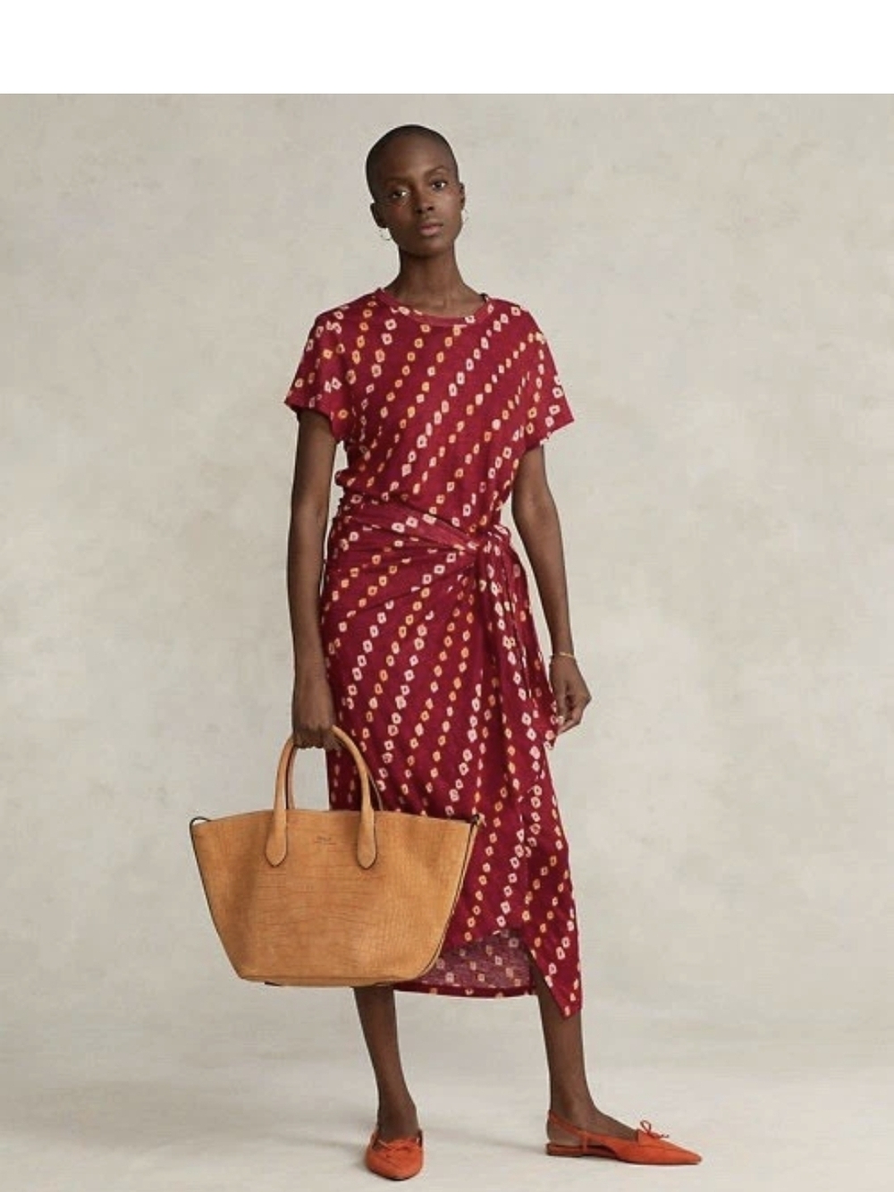 Polo by Ralph Lauren Burgundy Printed Tie-Waist Midi Dress L